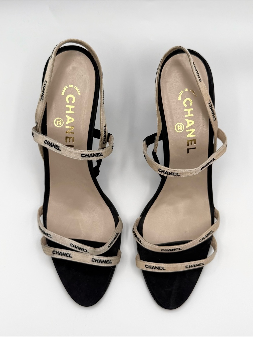 Vintage Chanel heeled sandals with white logo satin ribbon straps size 40